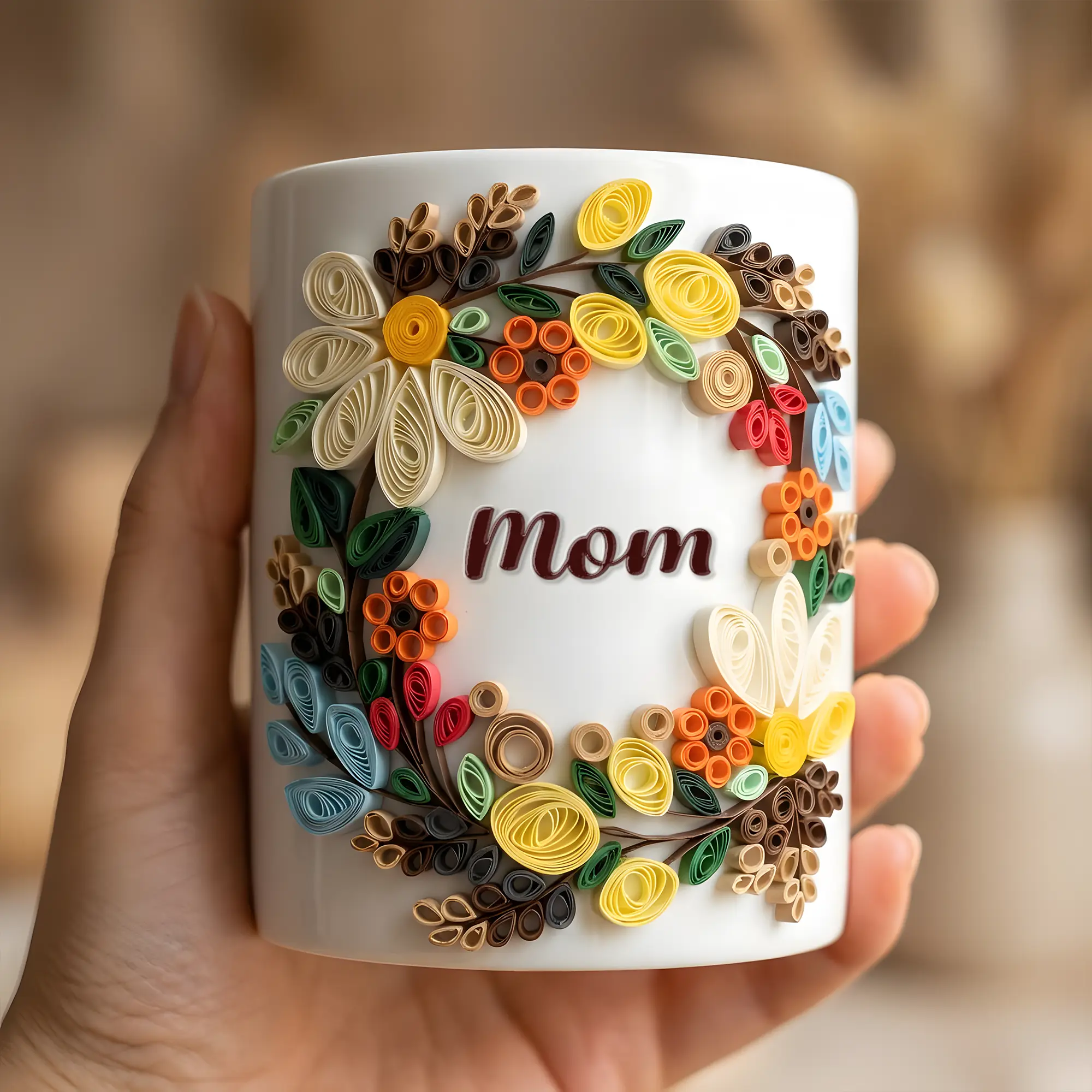 Custom Quilling Art Mug for Mom – Handmade 3D Floral Coffee Cup – Personalized Mother’s Day Gift – Birthday Gift for Mom