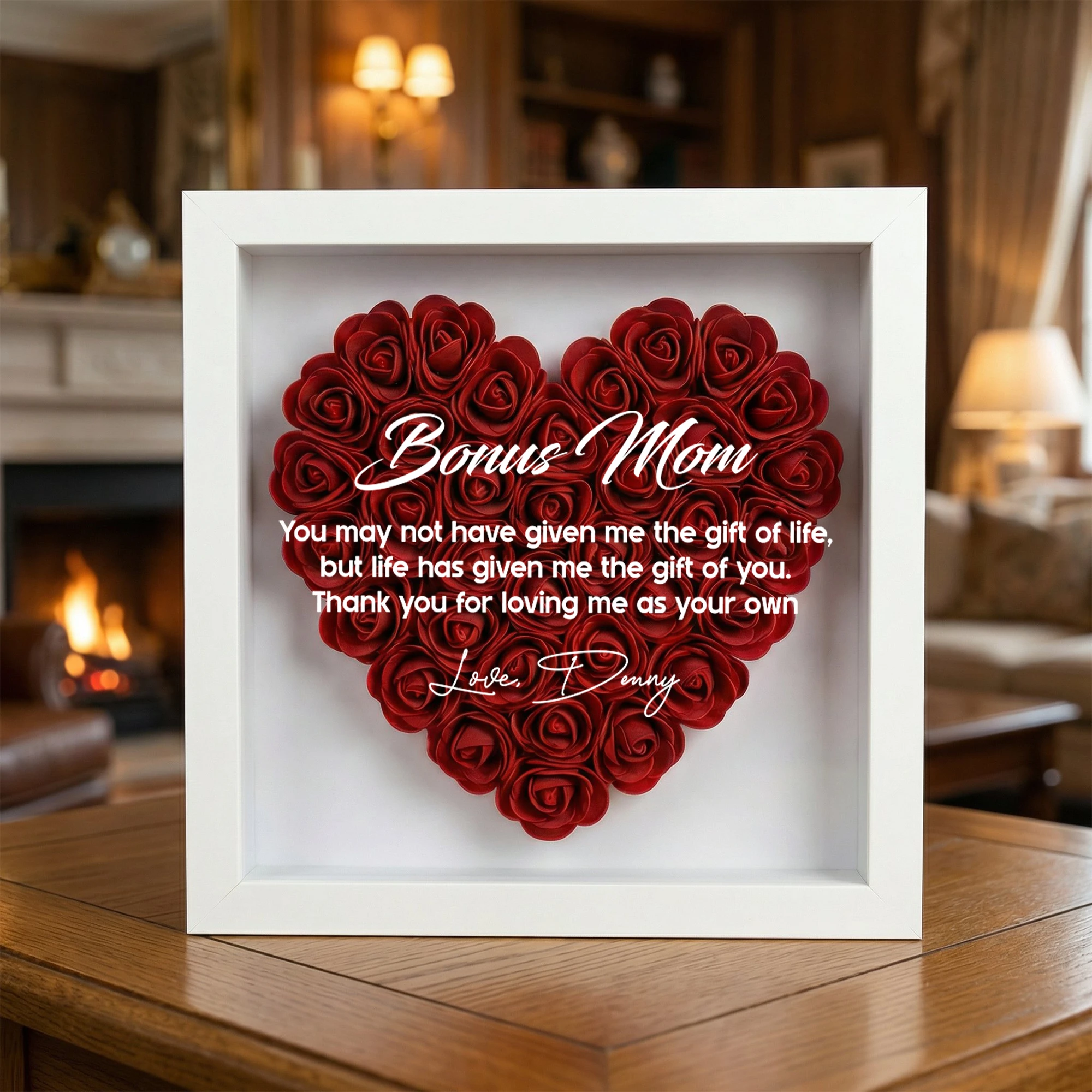 Personalized Flower Shadow Box for Mom, Custom Heart Shaped Flower Shadow Box, Roses Shadowbox, Bonus Mom Gift, Mother’s Day Gift