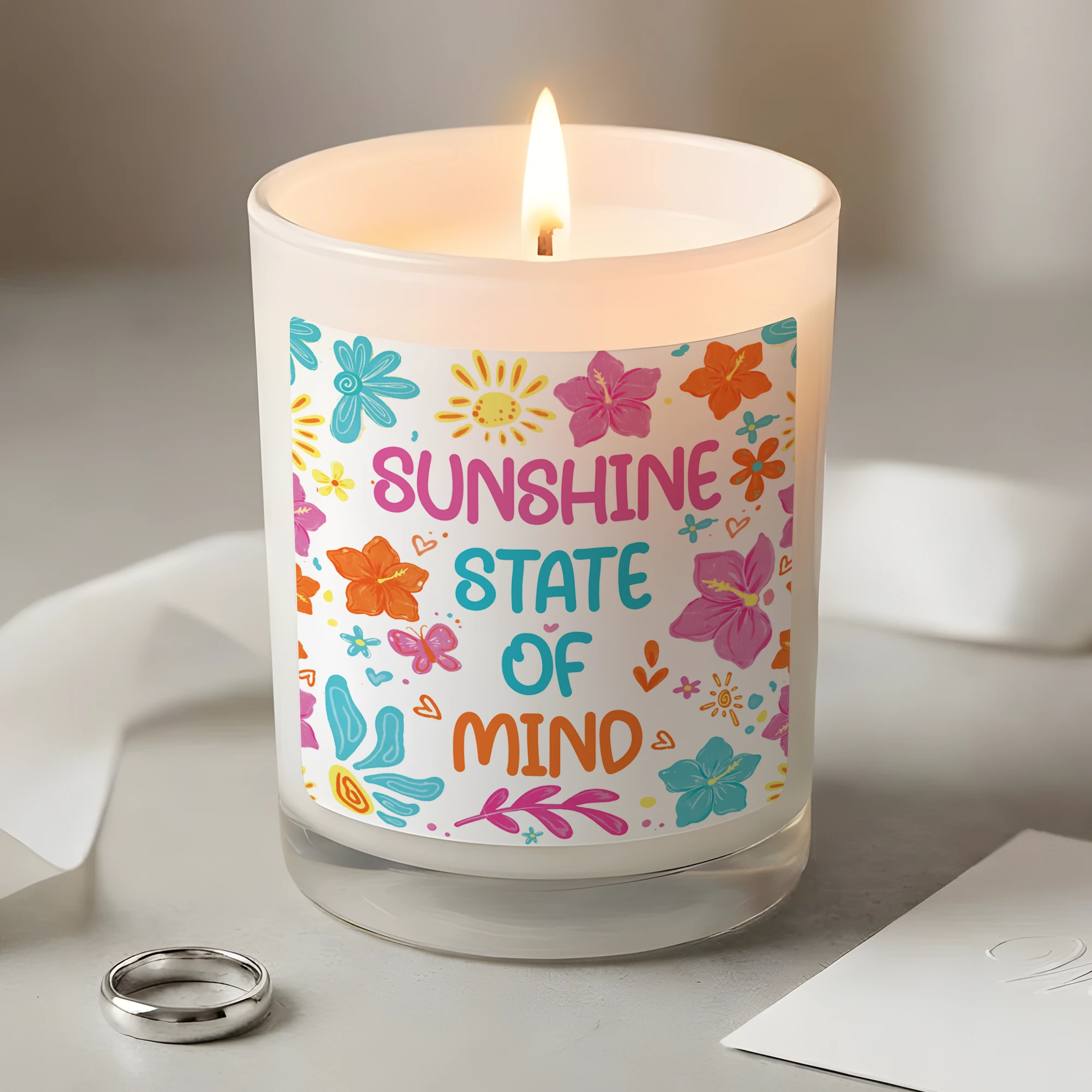 Sunshine State of Mind Candle – Tropical Flower Aesthetic Decor – Positive Quote Gift for Her – Summer Vibes Scented Candle – Bright Floral Gift