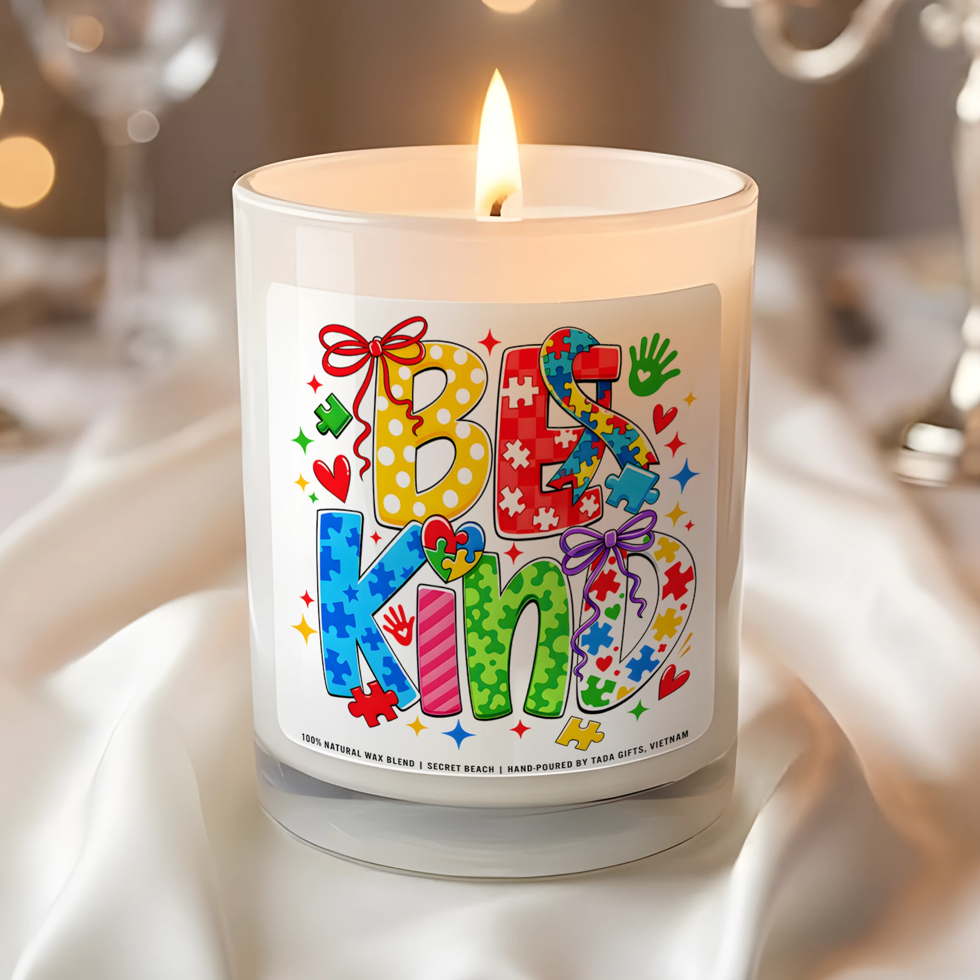 Be Kind Autism Awareness Candle – Colorful Puzzle Piece Scented Candle – Gift for Special Ed Teacher – Neurodiversity Celebration Decor