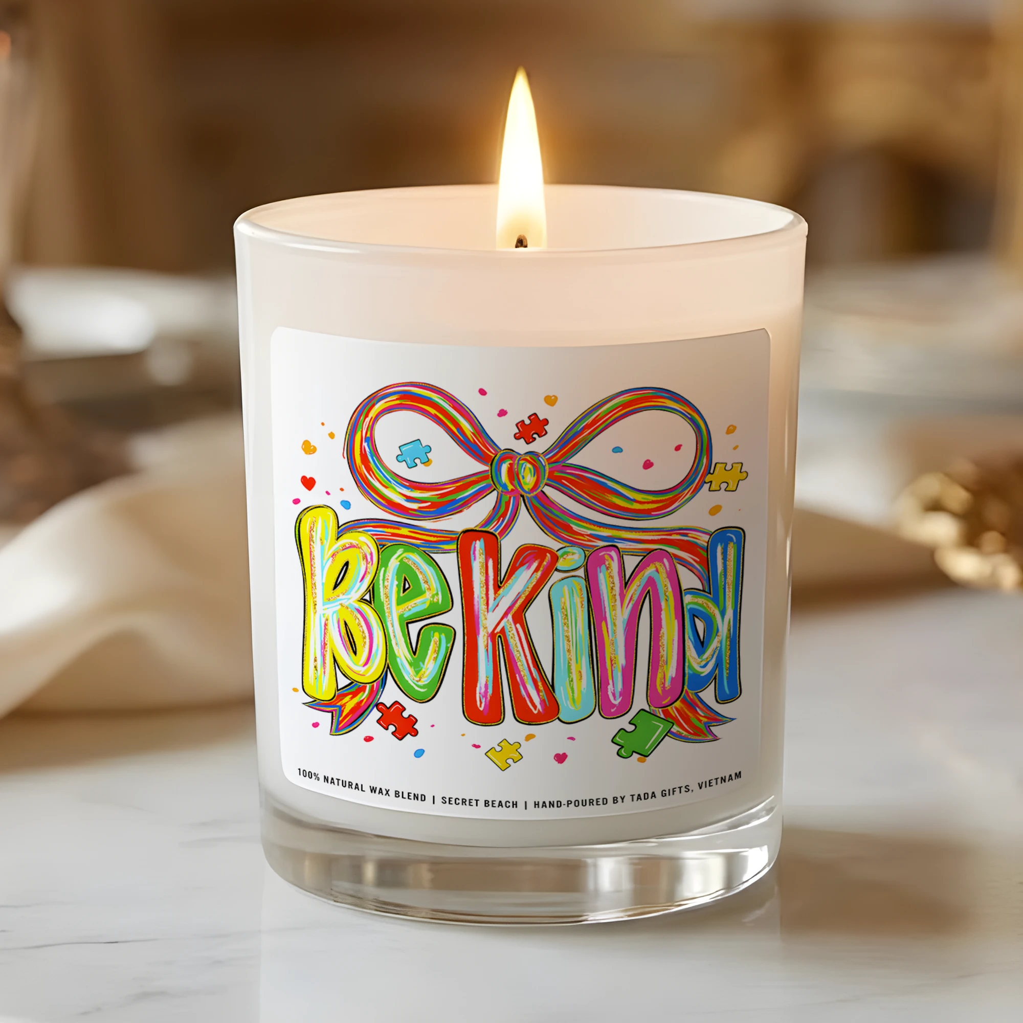Hand-Drawn “Be Kind” Rainbow Bow Candle – Autism Awareness Gift – Colorful Aesthetic Inclusion Candle – Neurodiversity Support Keepsake