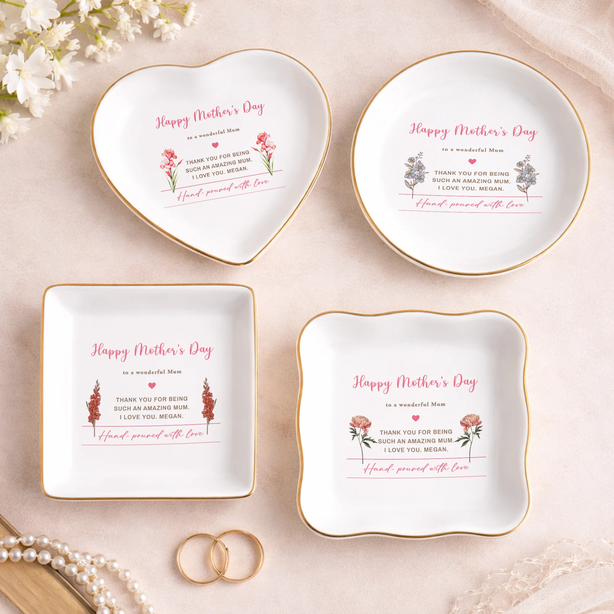 Personalized Mother’s Day Gift for Mom – Custom Jewelry Dish, Birth Flower Trinket Tray, Keepsake Ring Holder, Memorial Gift