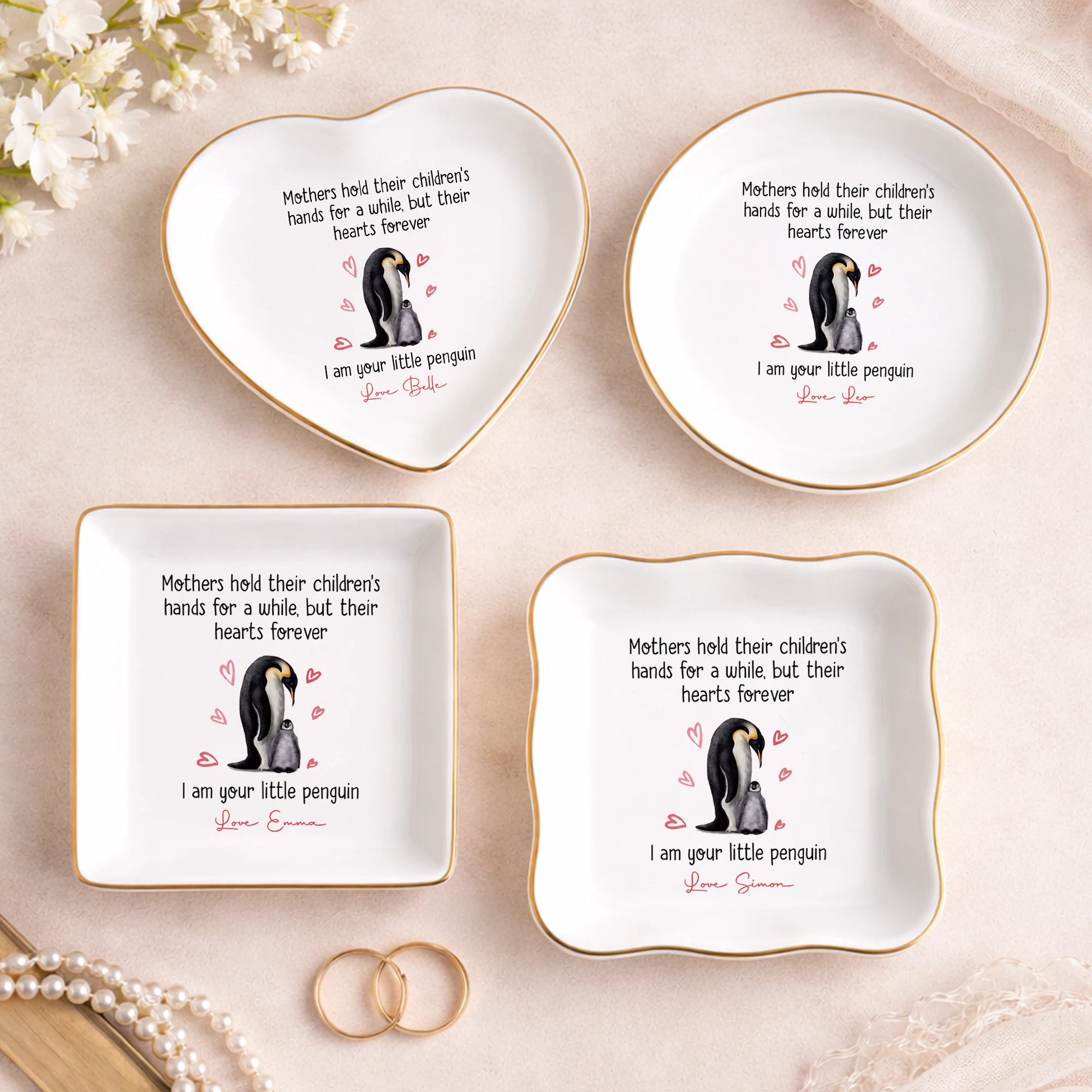 Personalized Jewelry Dish for Mom, Mother’s Day Gift, Custom Name Ring Dish, Penguin Mom Gift, Sentimental Gift