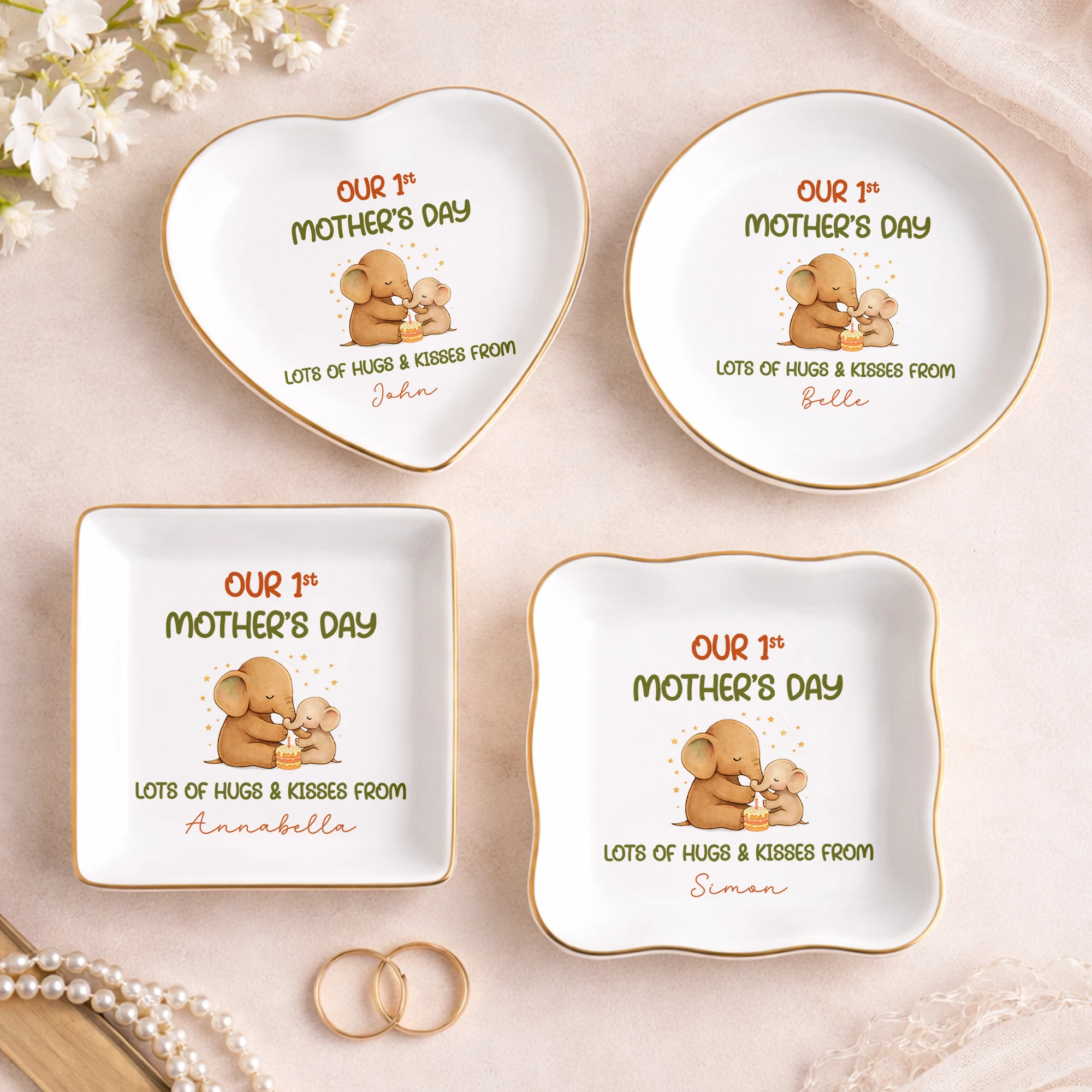 Ring Dish, First Mother’s Day Gift, Mom To Be Keepsake, Gold Rim Jewelry Holder