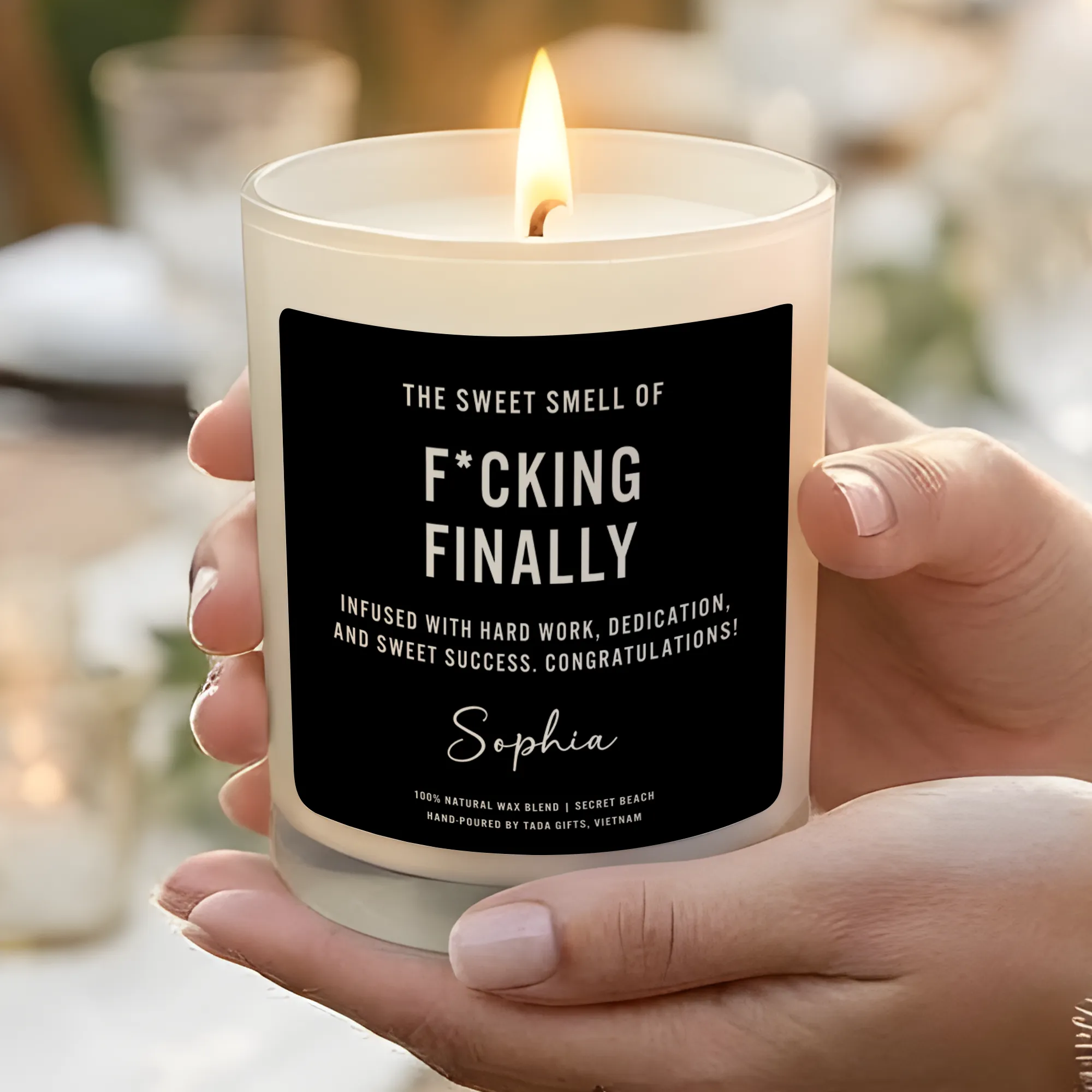 Personalized F*cking Finally Candle – Funny Graduation Gift – Promotion Congratulations Gift – New Home Gift – Custom Name Success Candle – Sarcastic Gift for Friend – Soy Wax Handpoured