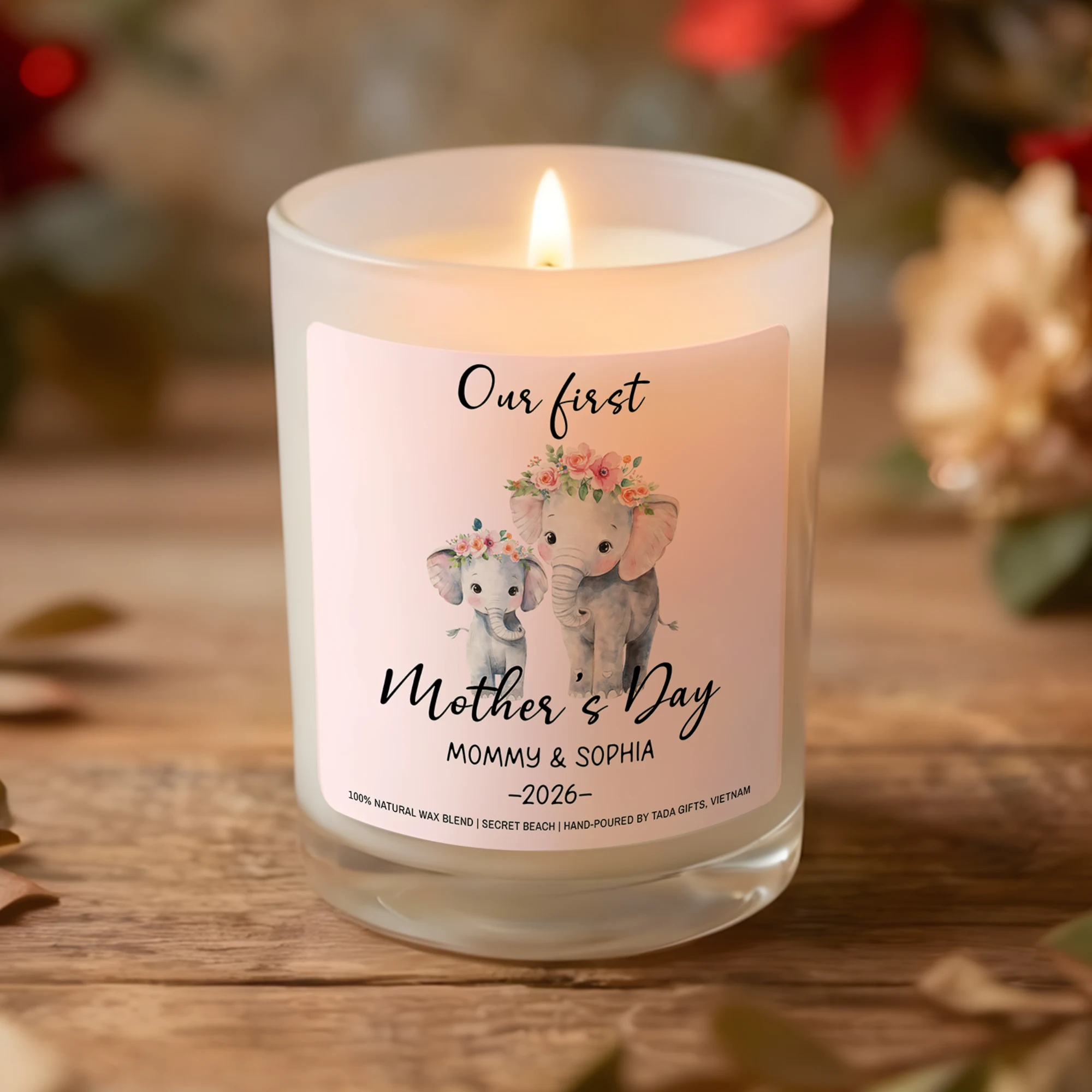 Our First Mother’s Day Candle, Elephant Design, New Mom Gift, Secret Beach Scent