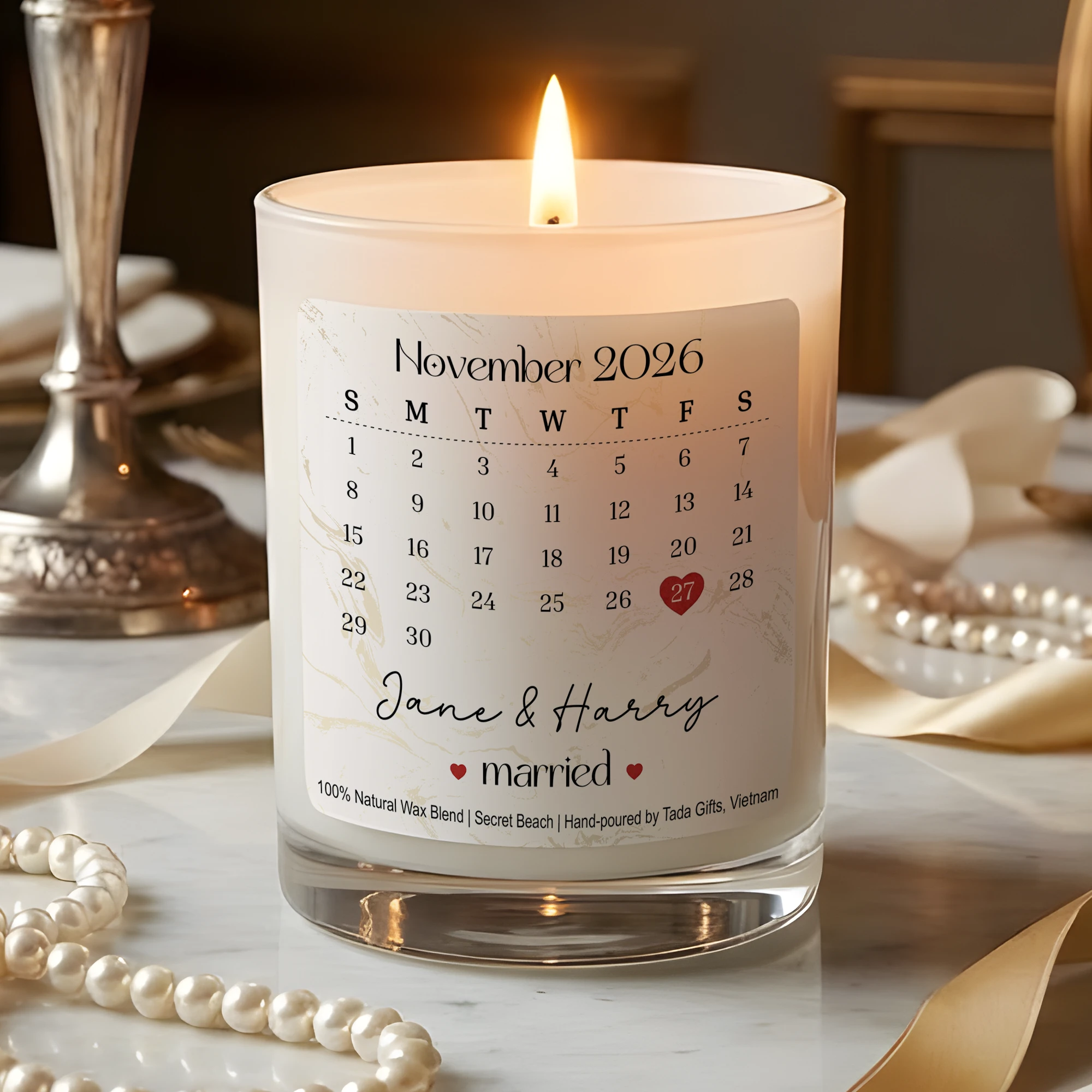 Personalized Wedding Date Candle – Custom Married Calendar Candle – Unique Wedding Gift for Couple – November 2026 Save The Date Candle – Hand-poured Scented Candle with Names – Anniversary Keepsake