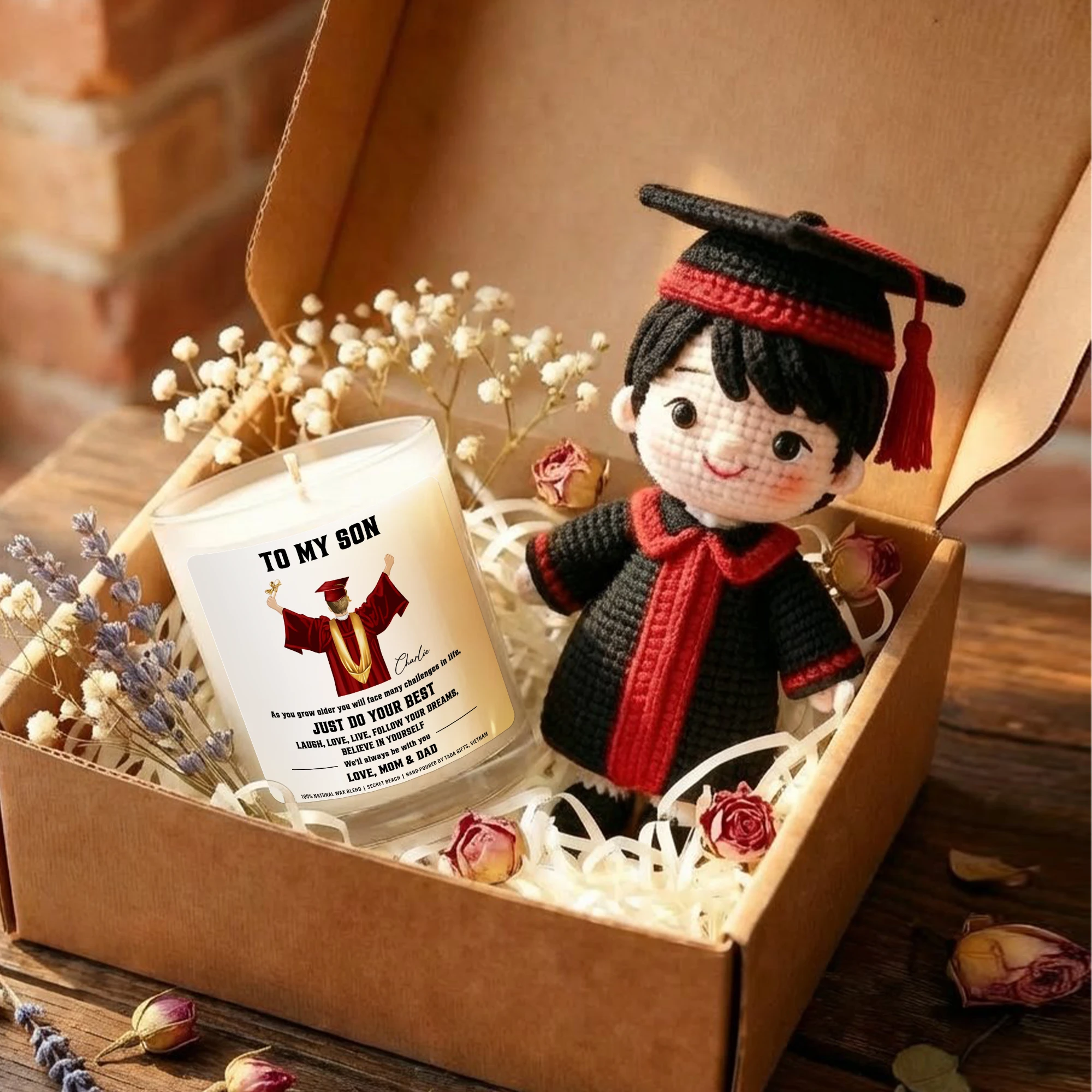 Personalized Graduation Gift Box, Wedding Crochet, Crochet Graduate Doll, Custom Name Candle for Son, Class of 2026 Gift