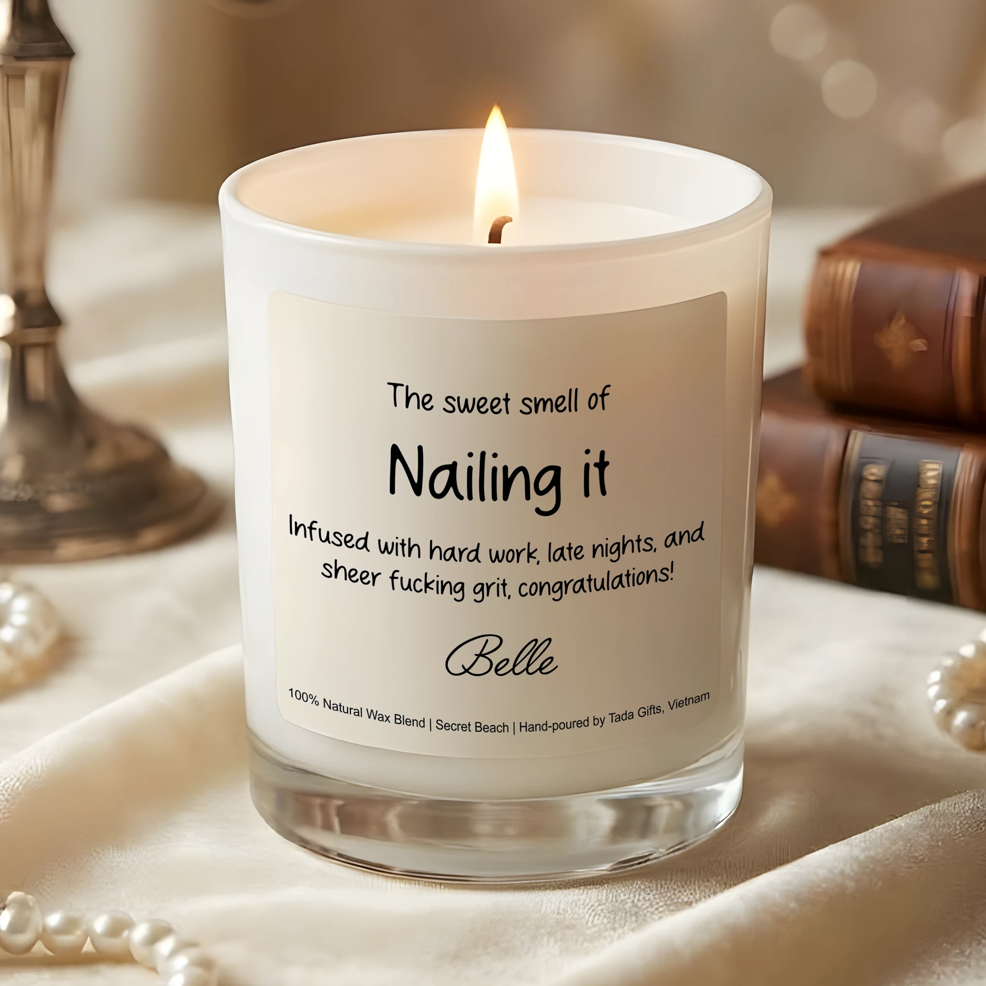 Nailing It Congratulations Candle – Funny New Job Gift – Promotion Gift for Her – Grad School Graduation – Entrepreneur Gift – Secret Beach Scented