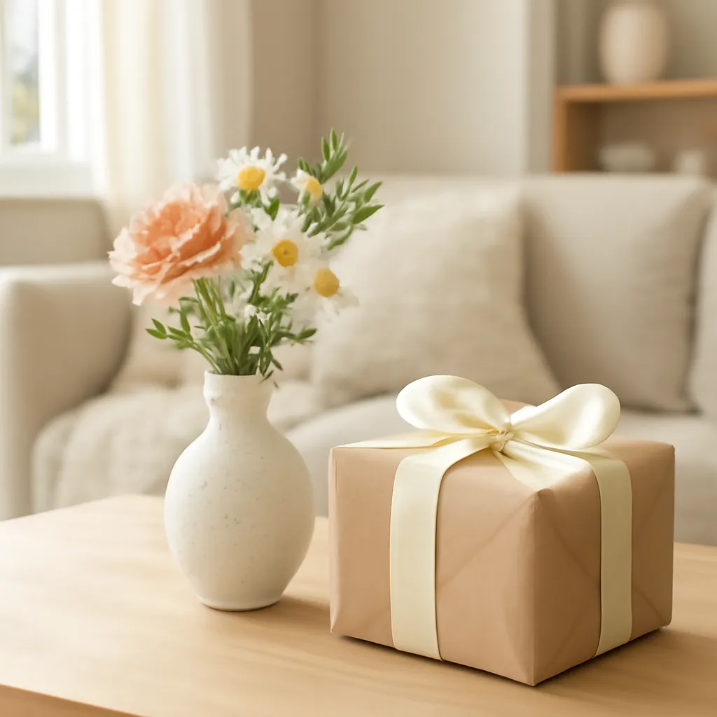 New home gift with small vase and flowers
