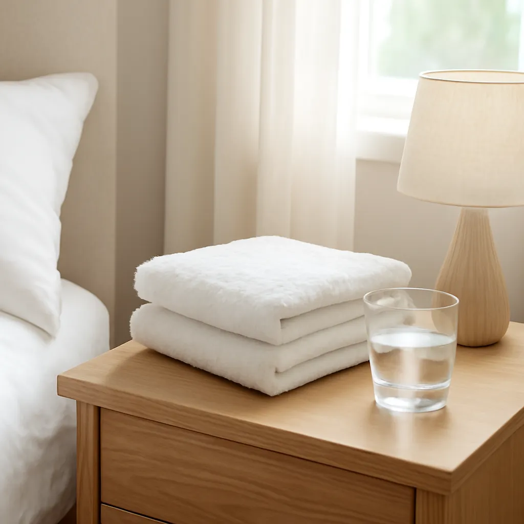 Bedside table with towels and water glass