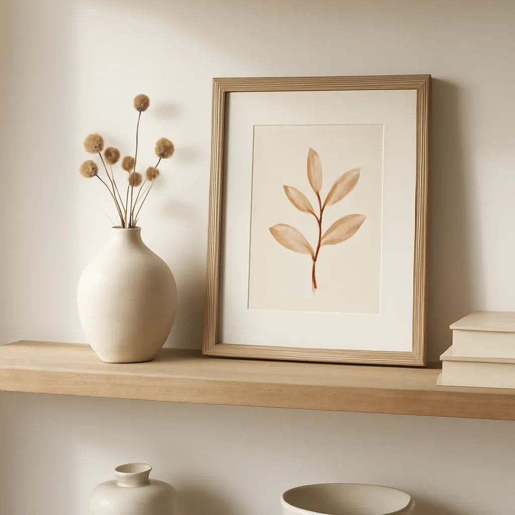 Shelf decor with small vase and framed art