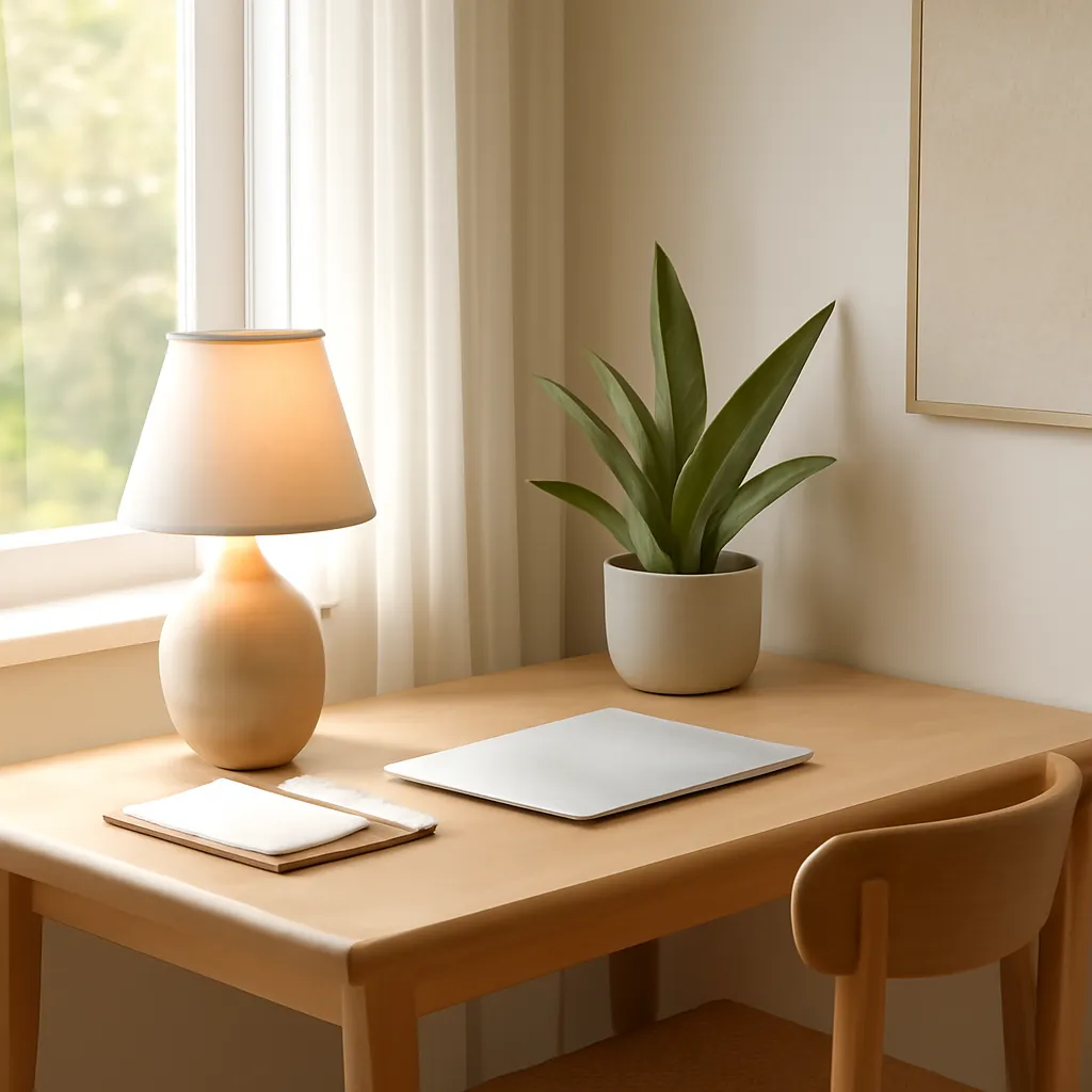 Calm workspace with lamp and plant