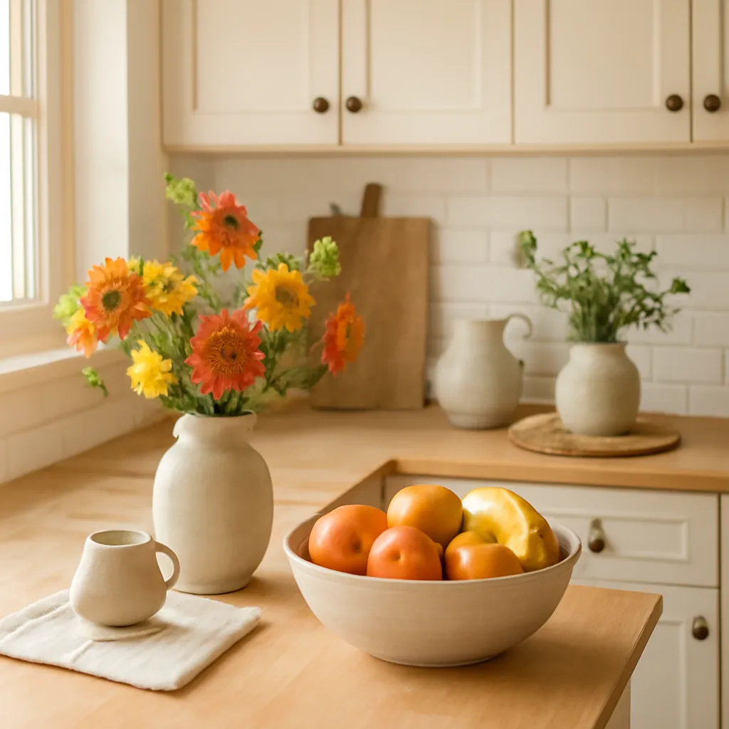 Warm kitchen decor with flowers and fruit bowl