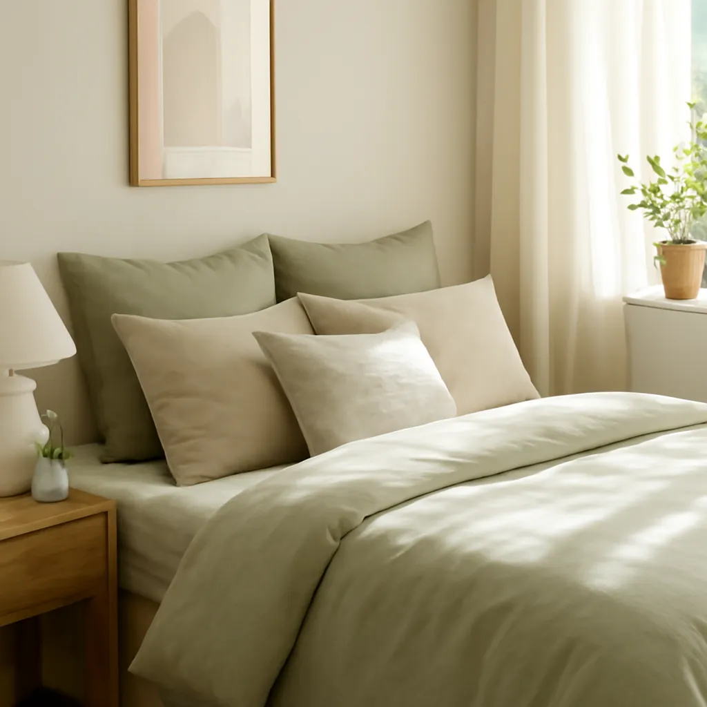 Sage green bedroom accents with soft pillows