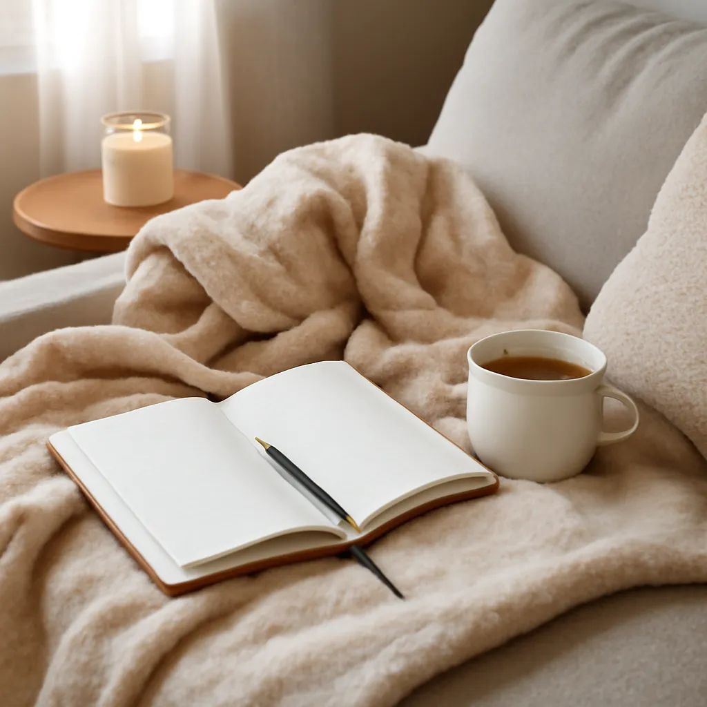 Cozy night routine with blanket and journal