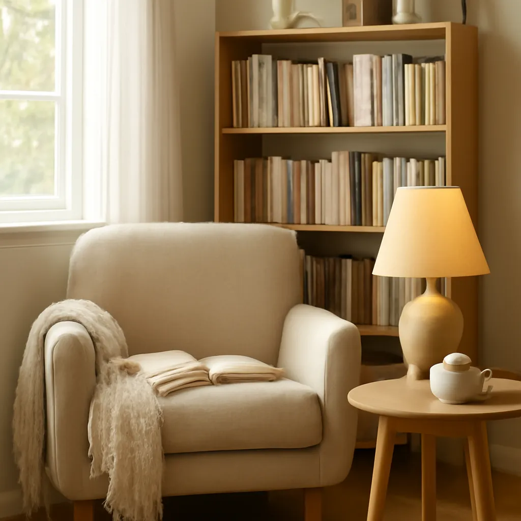 Small reading corner with books and warm lamp