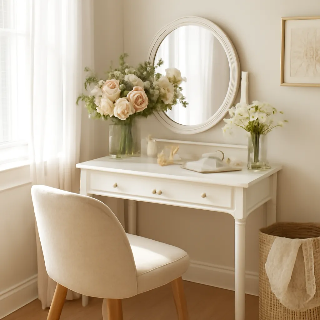 Pretty vanity corner with flowers and mirror