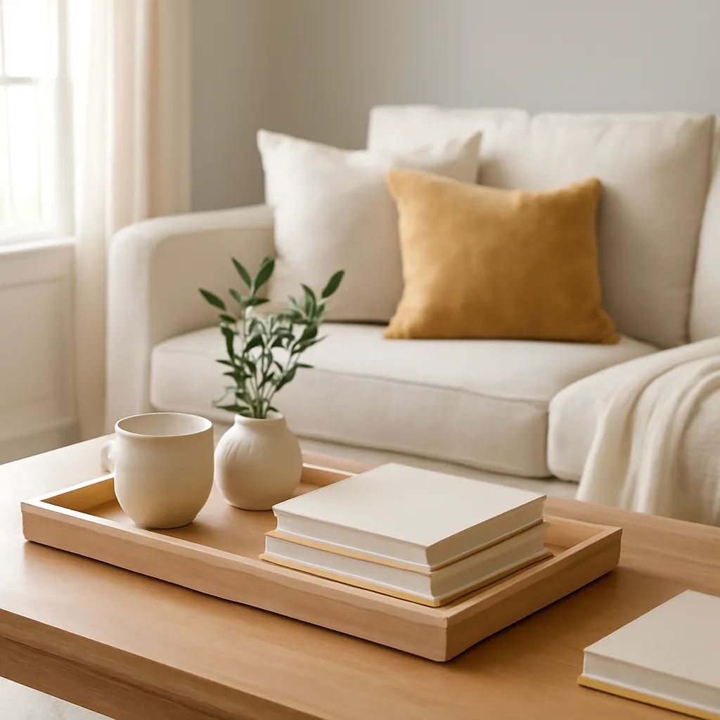 Organized coffee table with tray and books