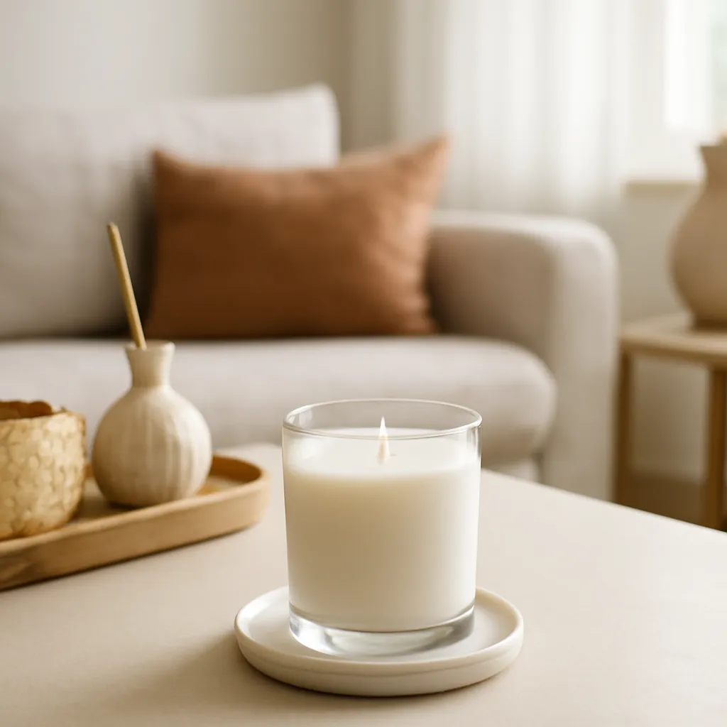 Scented candle styled on neutral coffee table