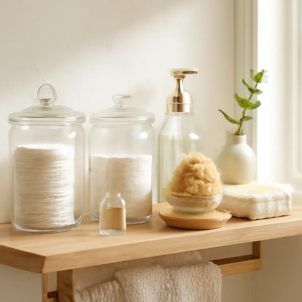 Spa bathroom shelf with glass containers