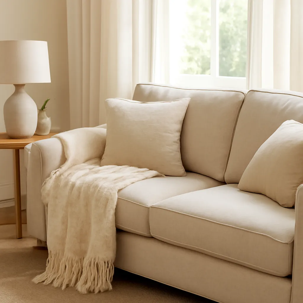 Cozy sofa with throw blanket and pillows
