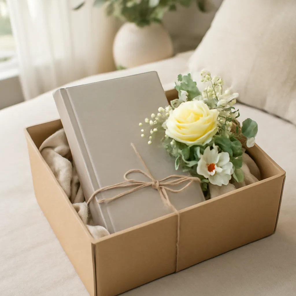 Gift box ready to ship with book and flowers