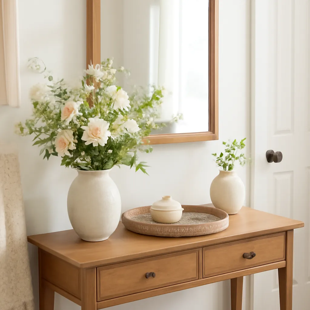 Small entryway decor with flowers and tray
