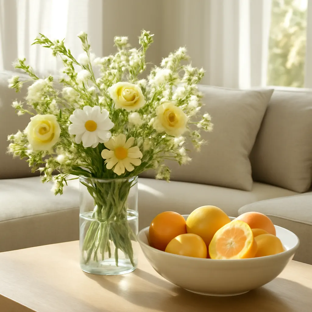 Fresh flowers and citrus bowl for summer home