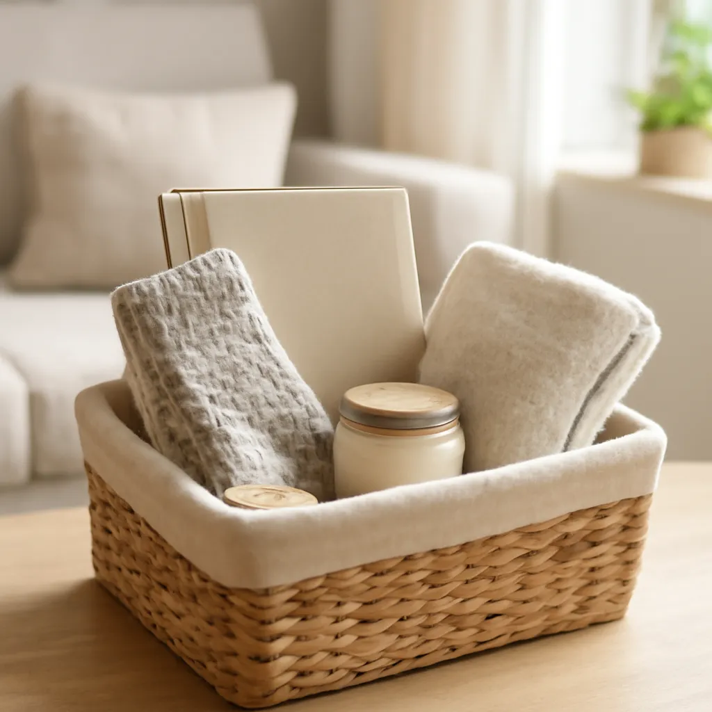 Self-care gift basket with book and socks