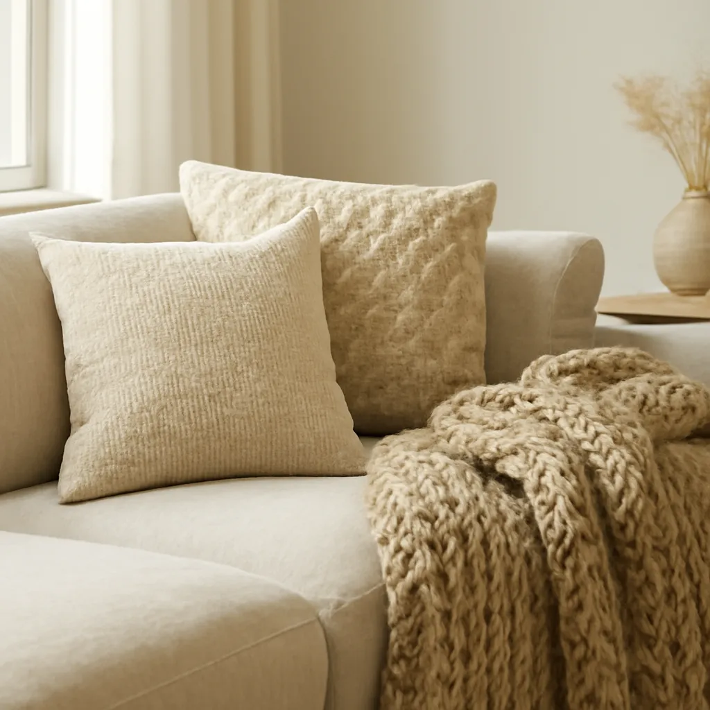Textured pillows and knit throw blanket