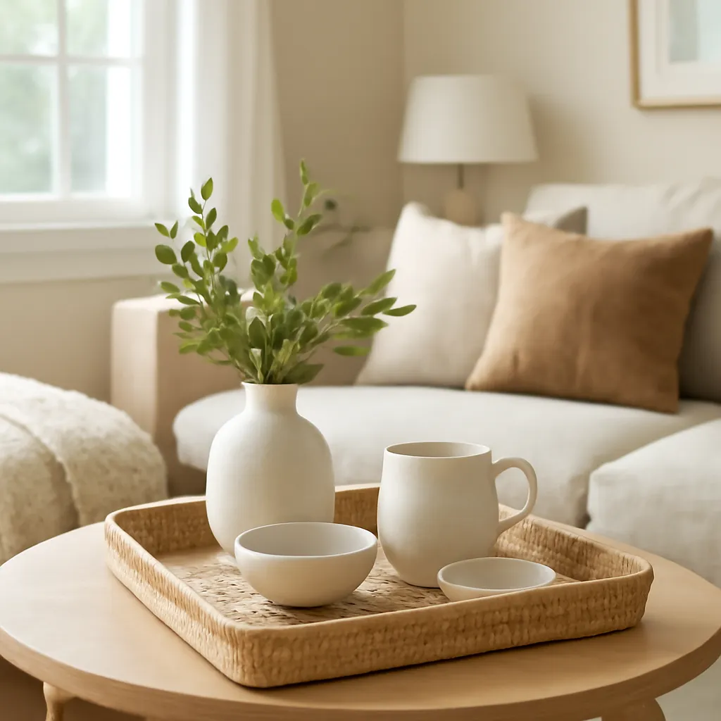 Living room table styled with tray and ceramics