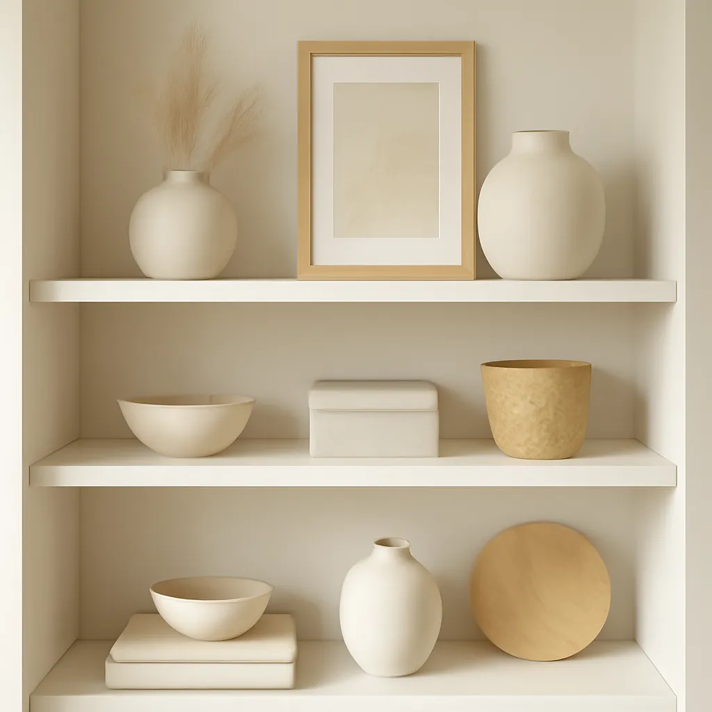Clutter-free shelf styling with neutral objects