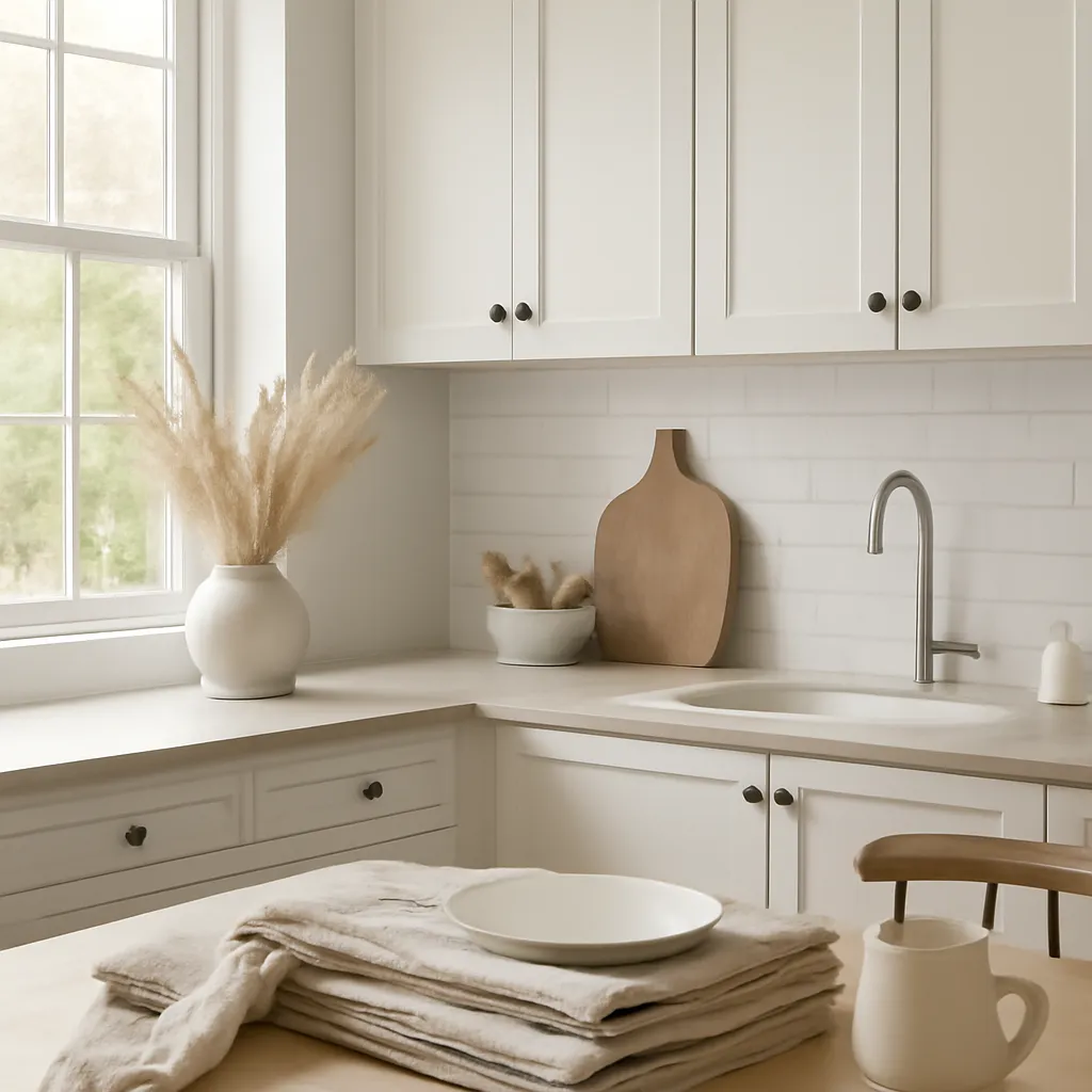 Clean kitchen styling with neutral linens
