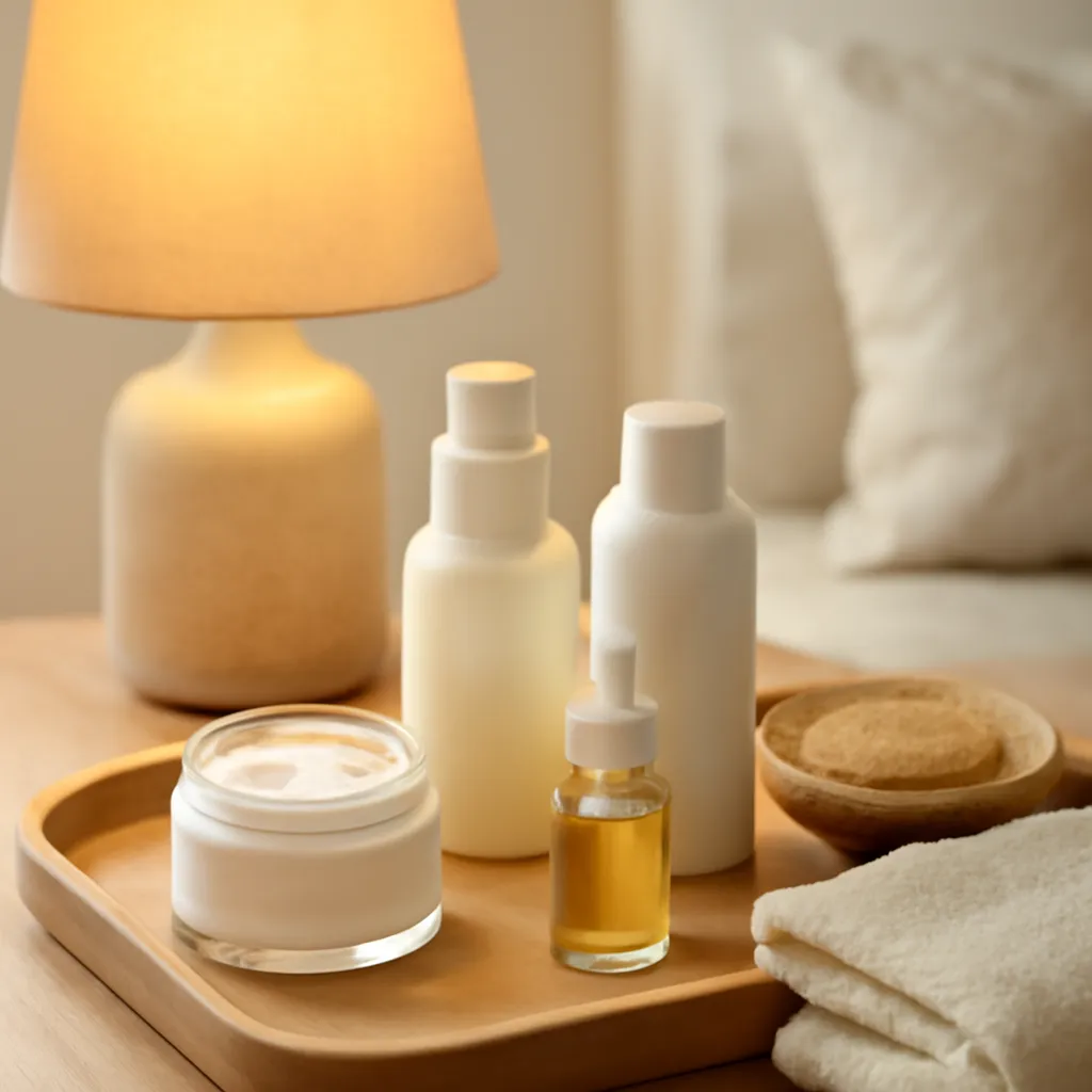 Skincare tray beside warm lamp light
