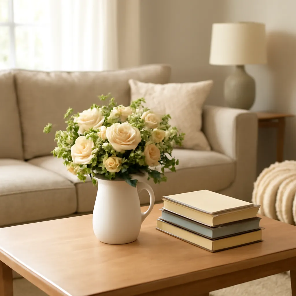 Welcoming coffee table with flowers and books