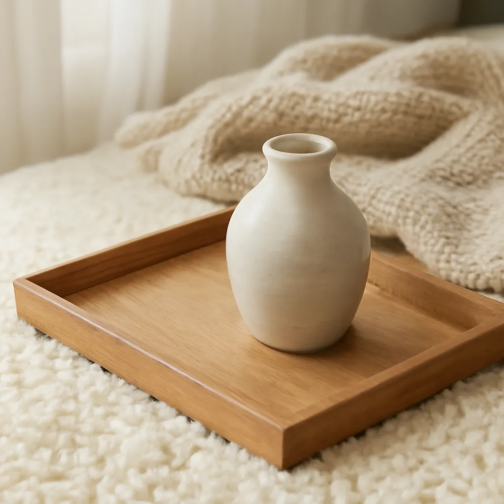 Wood tray with ceramic vase and soft rug