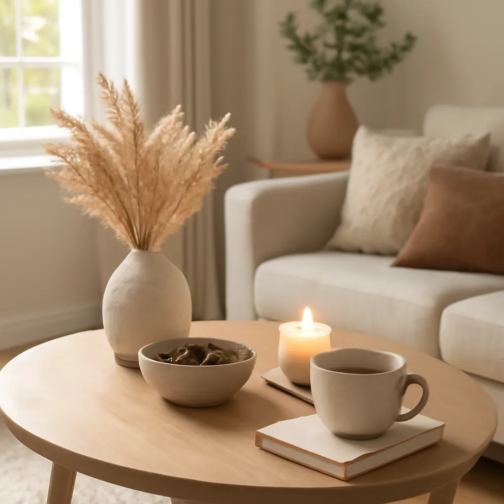Warm coffee table decor for small living room