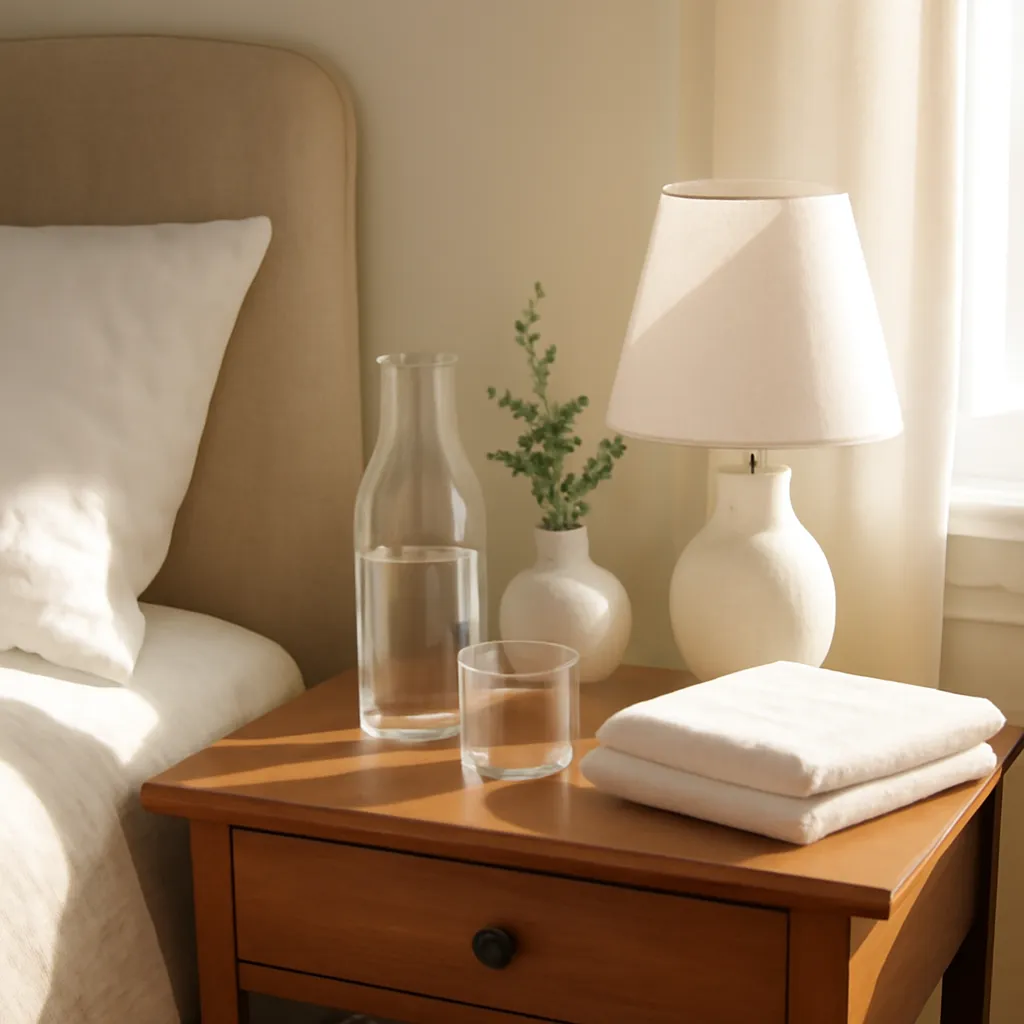 Guest room essentials on nightstand