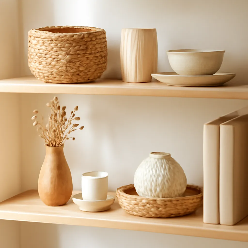 Cozy shelf decor with natural textures