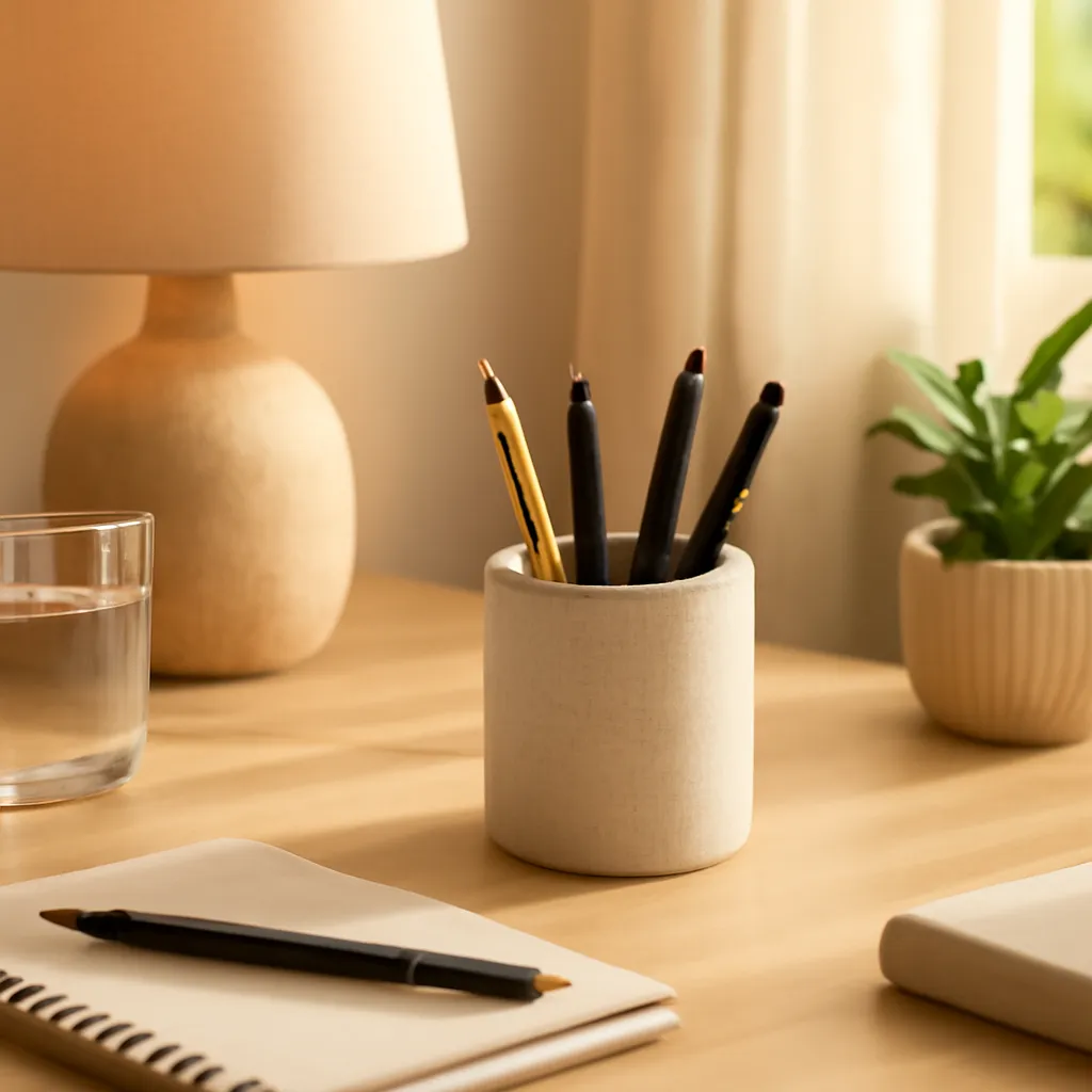 Desk styling with pen holder and warm light
