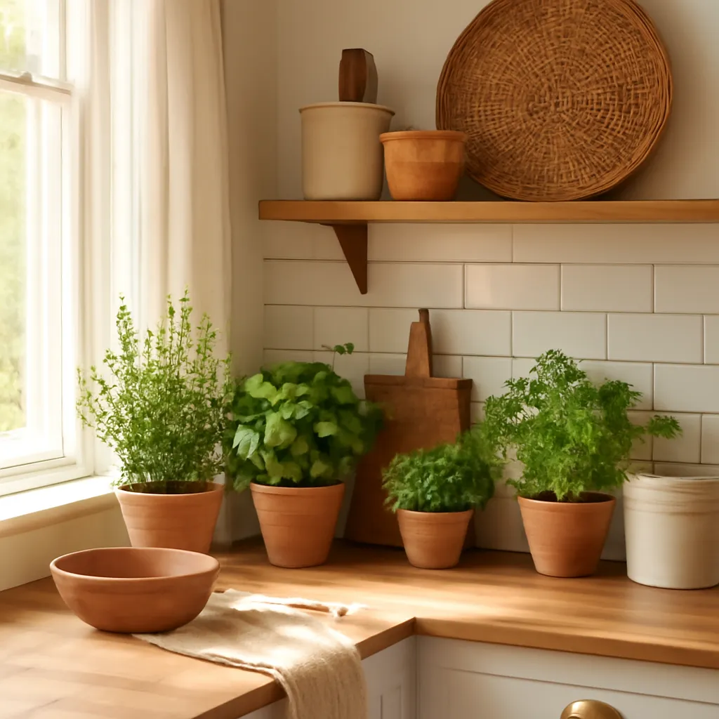Inviting kitchen corner with fresh herbs