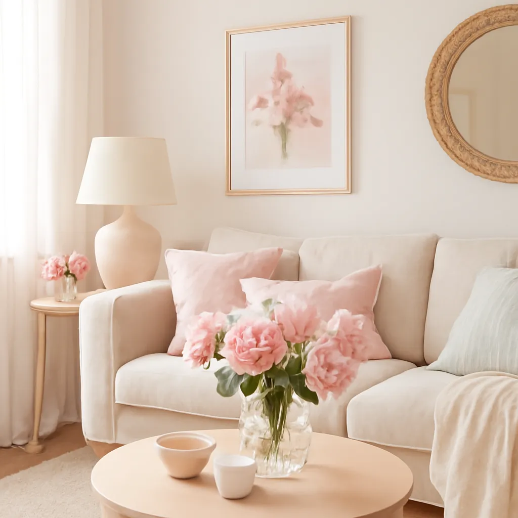 Pastel home decor with pink flowers