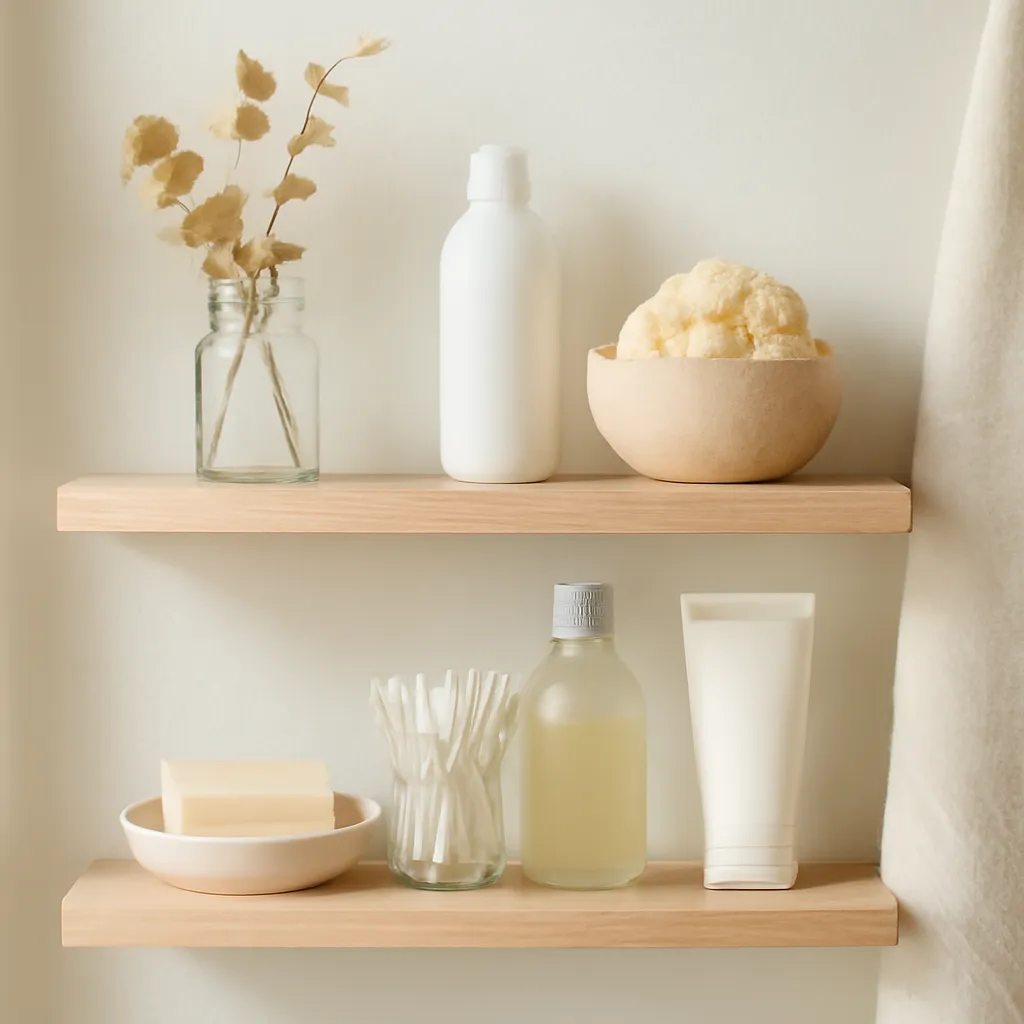 Small bathroom shelf styling with skincare