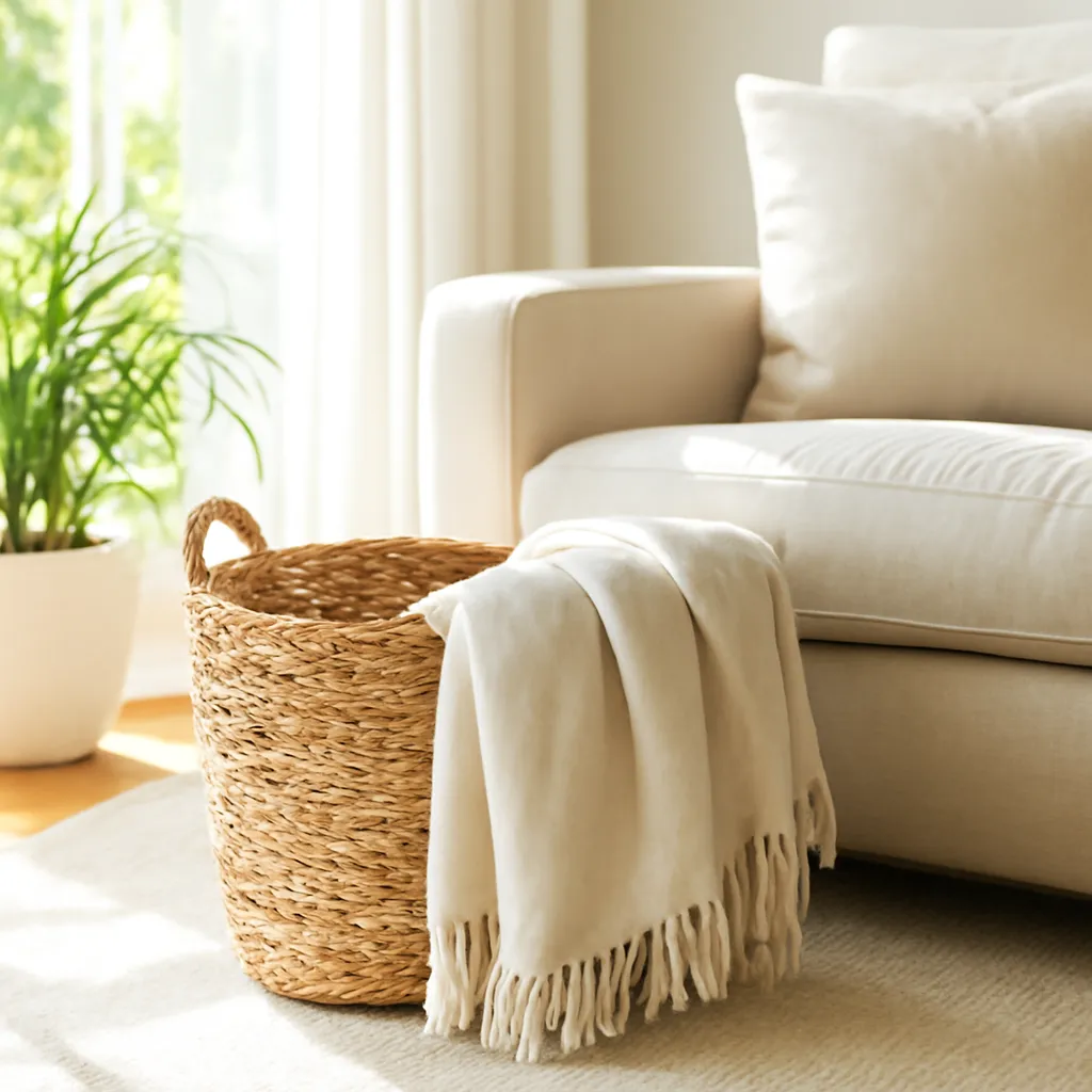 Summer room styling with woven basket and light blanket