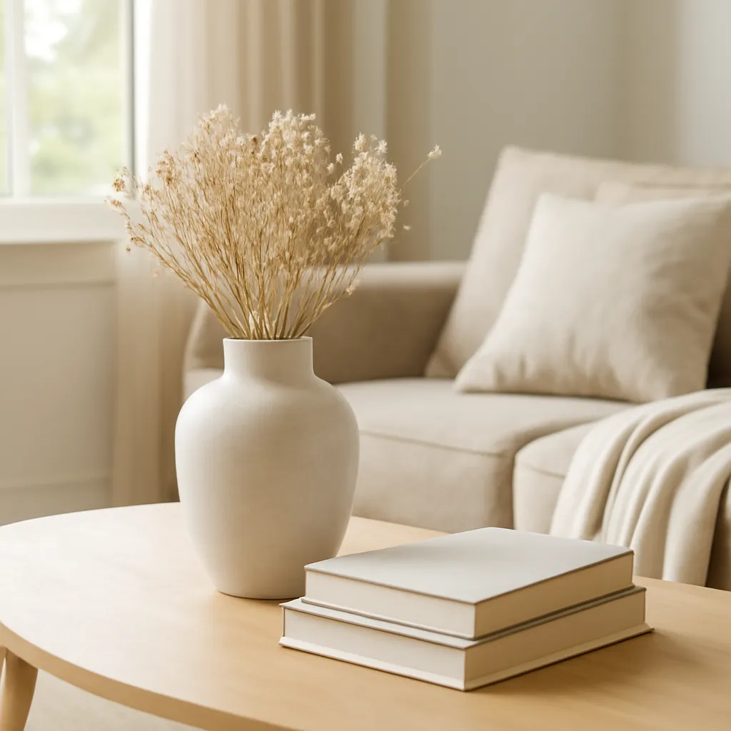 Neutral coffee table styling with vase and book stack