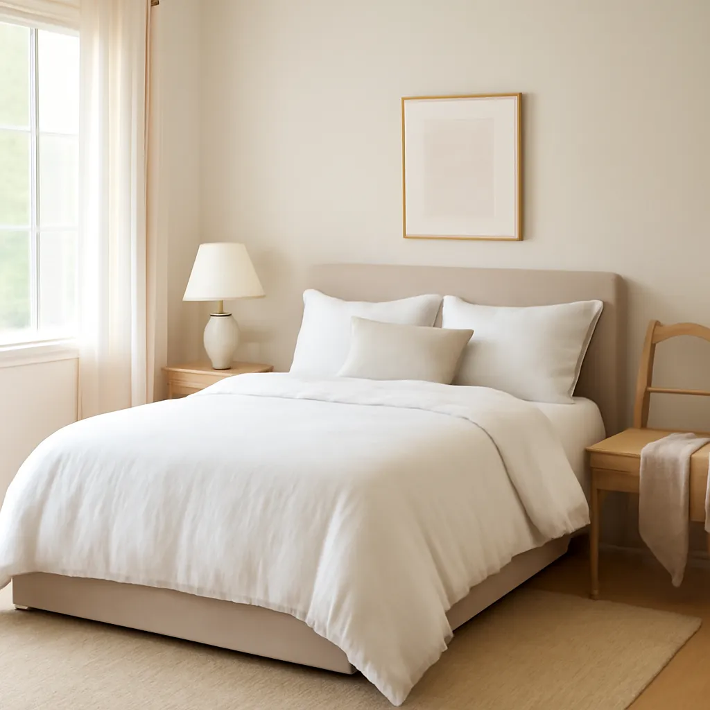 Soft neutral guest room with clean bedding