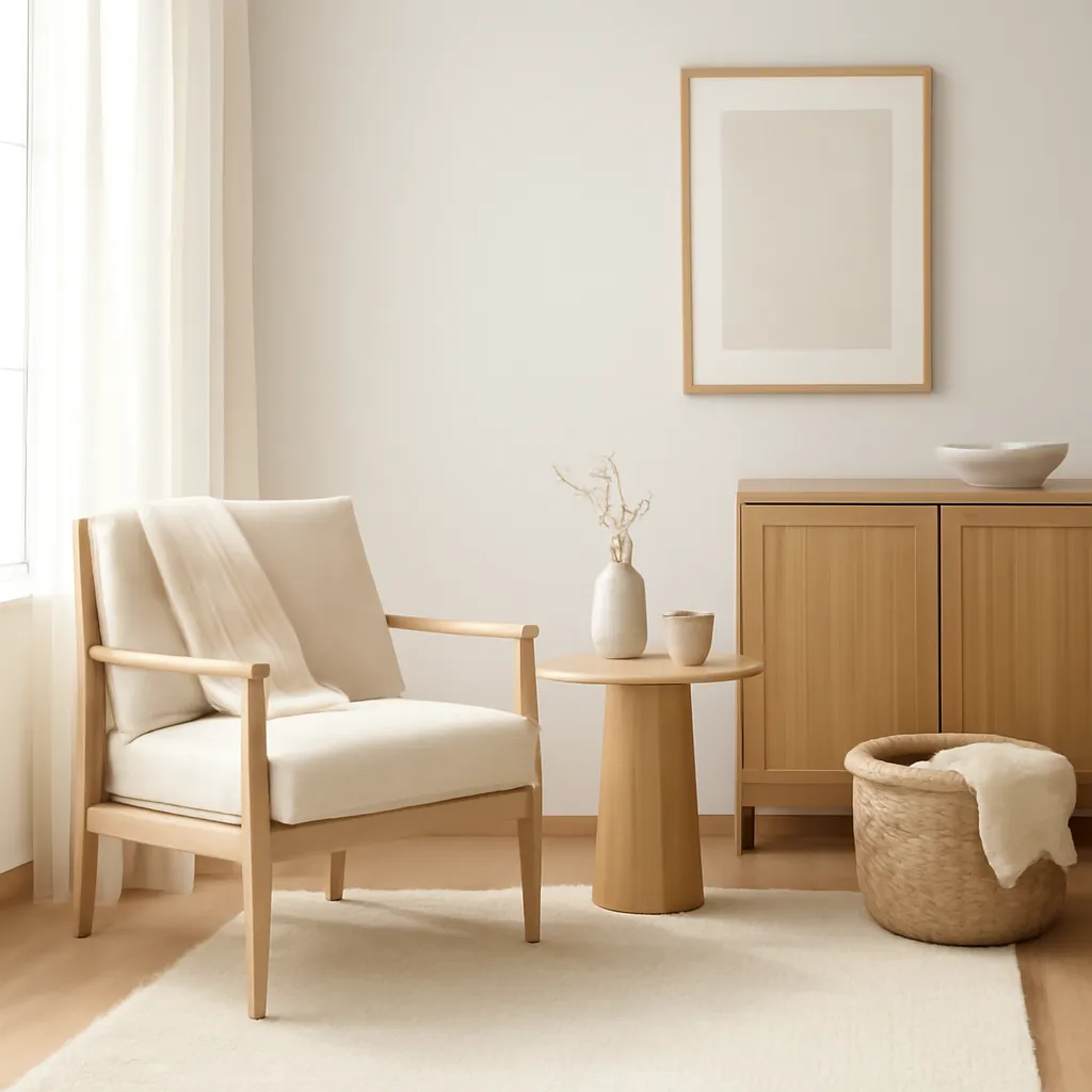 Minimalist room decor with natural wood and soft fabric