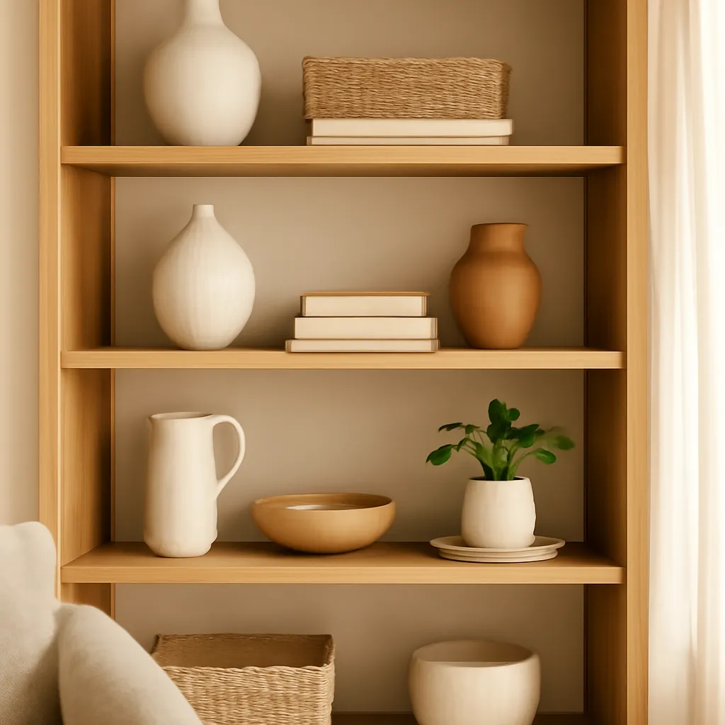 Open shelf styling for warm home