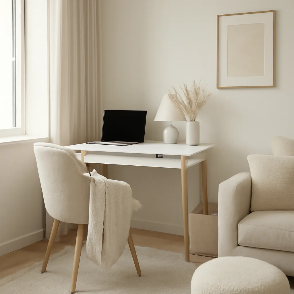 Home office corner with soft textures and clean layout